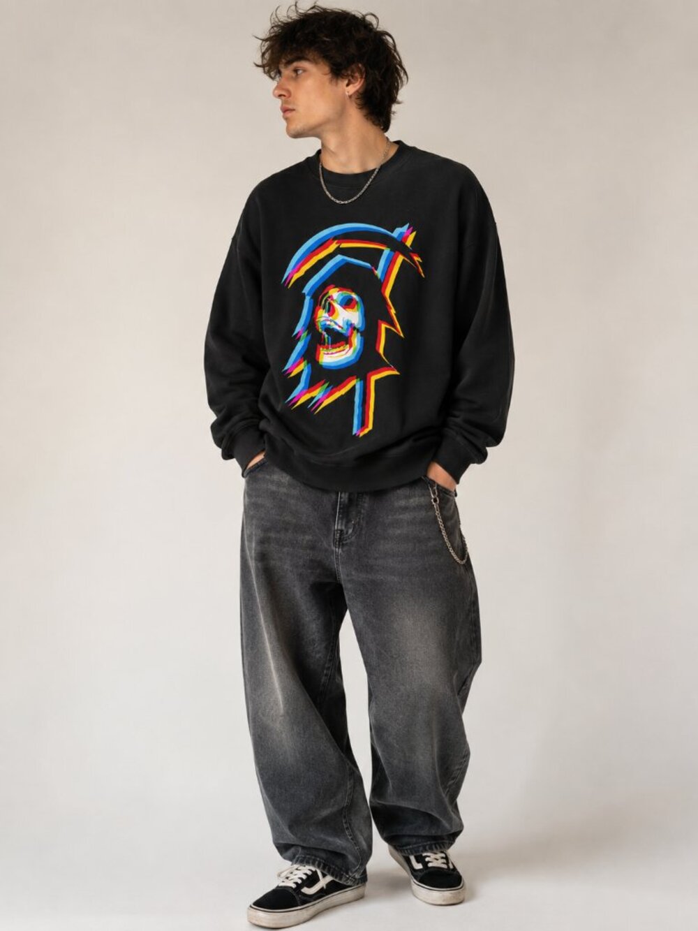 Grim Reaper Graphic Sweatshirt XL Black Y2K Skater Streetwear Oversized